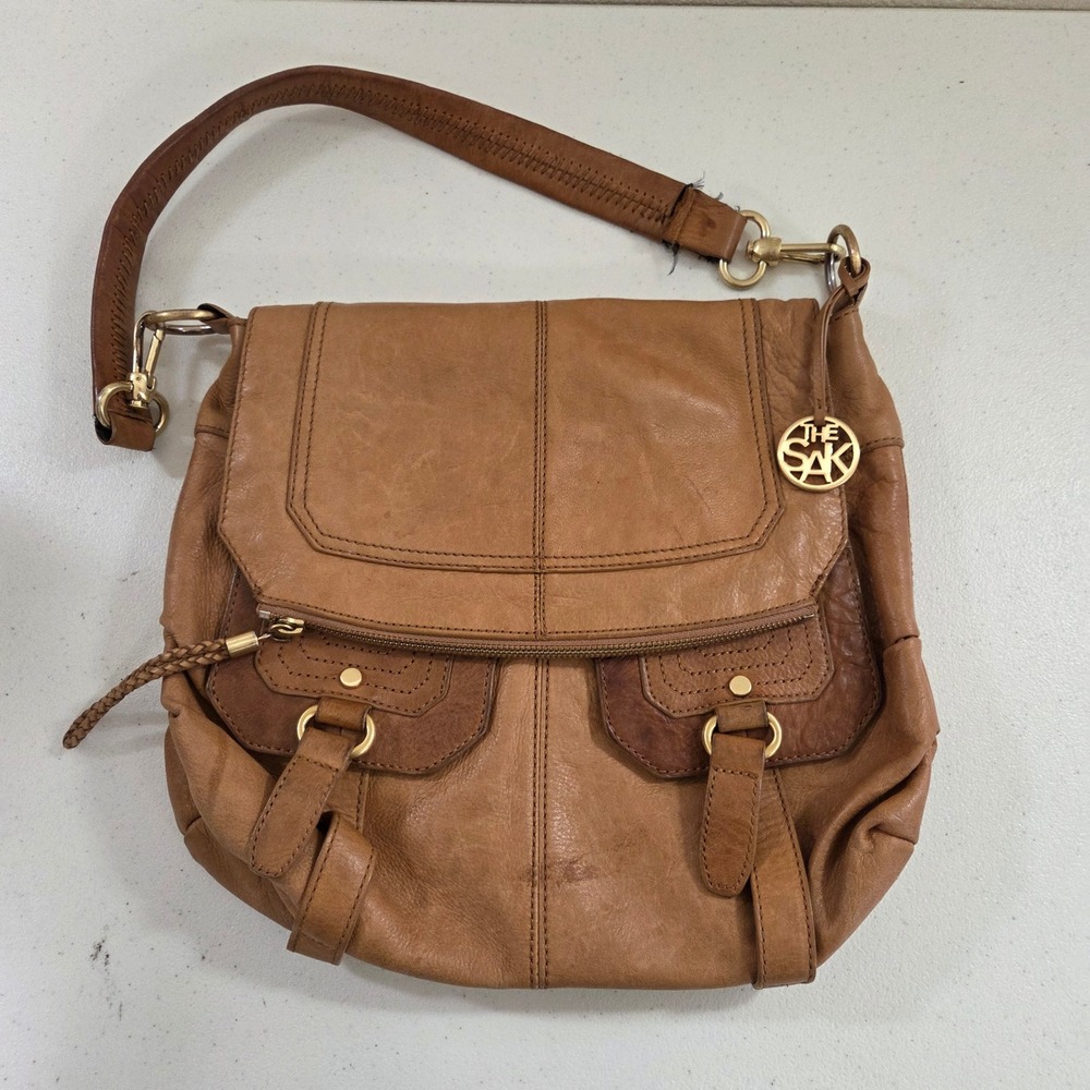 The Sak Cognac Brown Leather Hobo‎ Shoulder Bag Gold Hardware Boho Flap Bag